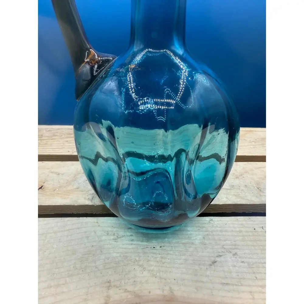 Blenko Style Mid-Century Blue Art Glass Decanter with Amber Handle - 8” Tall